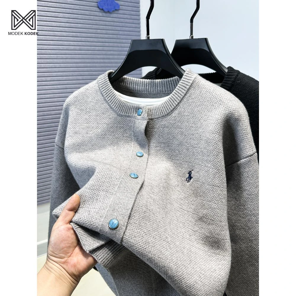 MODEK KODEK刺绣开衫男士针织秋圆领宽松纯色休闲针织衫百搭上衣