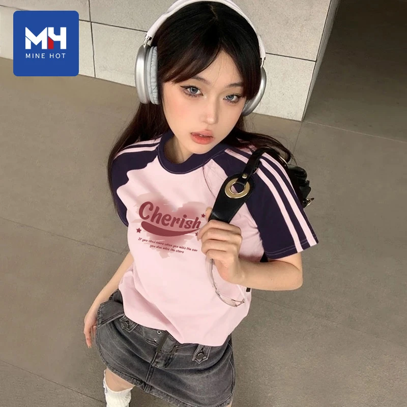 唐狮集团MH纯棉短袖t恤女夏季粉色洋气时髦设计感插肩拼条上衣潮