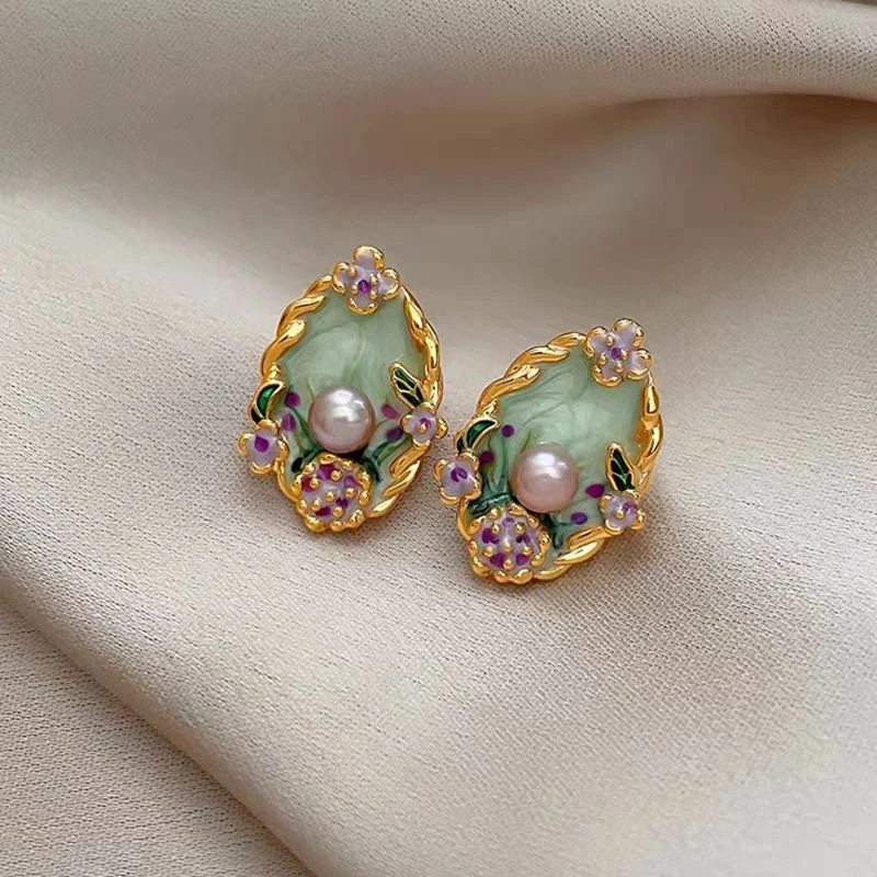 925银针莫奈花园珠珠耳环2026爆款高级感油画耳钉女小众精致耳饰