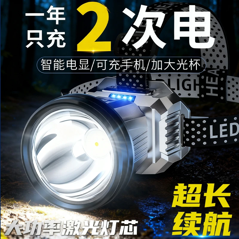 强光超亮可充电头戴式头灯适用于夜钓户外登山徒步家用工作长续航