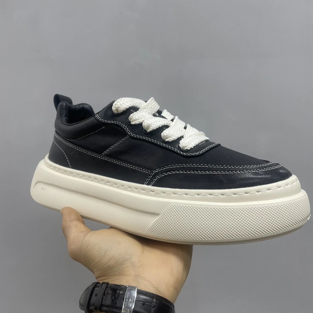 头层牛皮潮鞋增高防滑男鞋子时尚休闲板鞋透气纯色男士真皮厚底鞋