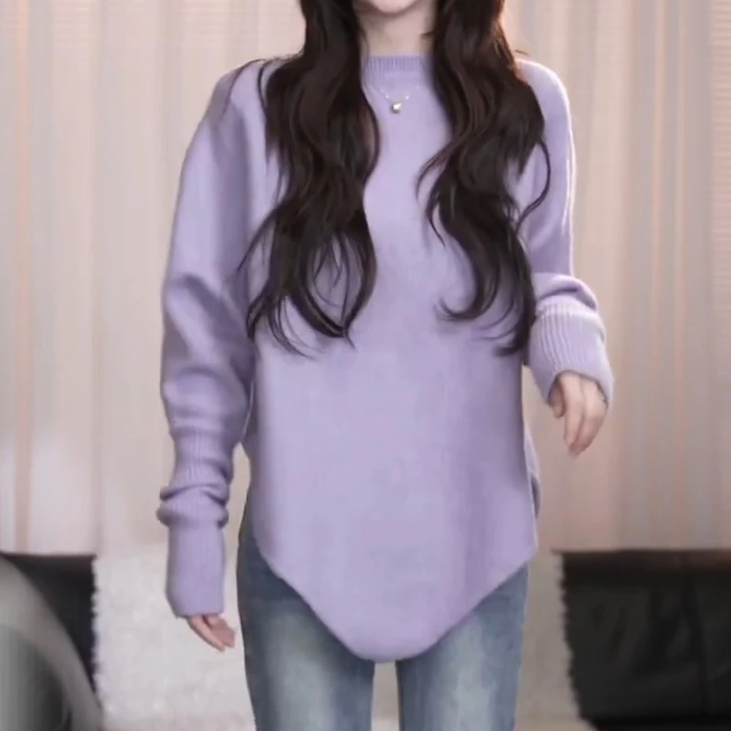 秋冬慵懒风圆领蝙蝠袖落肩套头针织上衣LK2507228