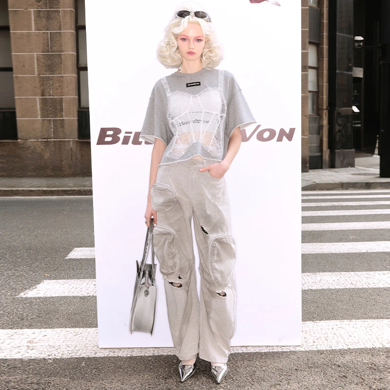 BillionDevon【美式复古】废土风辣妹水洗牛仔长裤直筒多口袋裤子