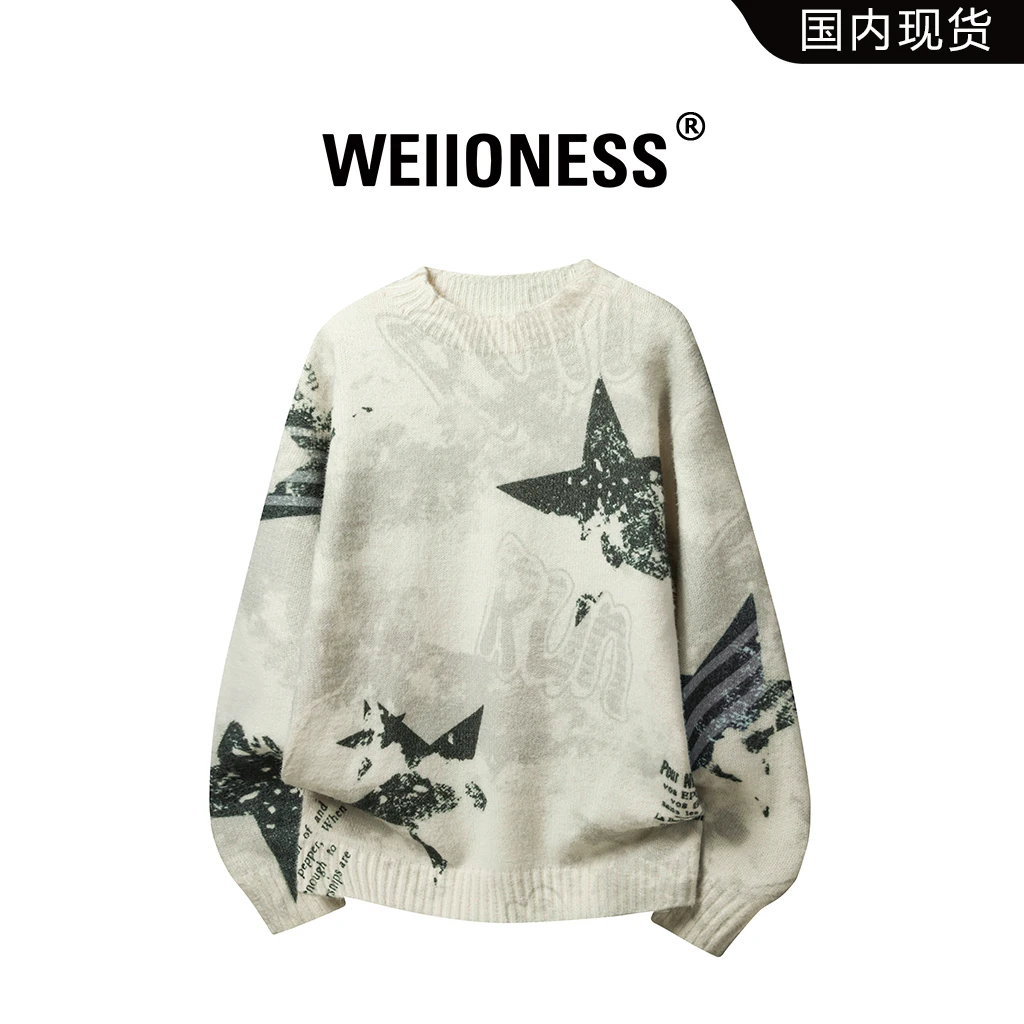 WEIIONESS潮流时尚针织衫男冬季宽松印花设计感毛衣轻奢休闲男装