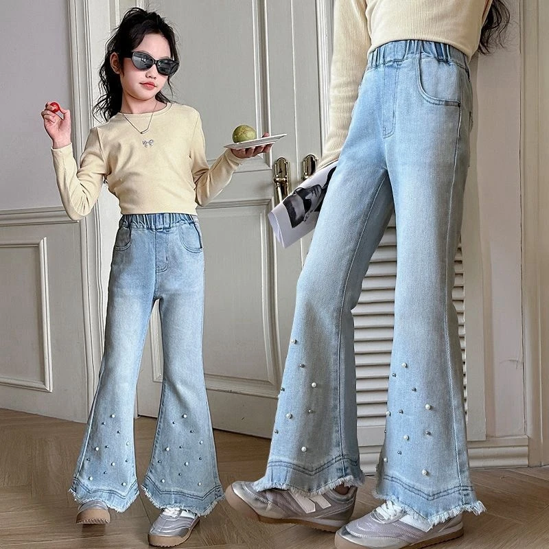 女童牛仔裤春秋新款喇叭裤时尚童装洋气长裤儿童女孩韩版修身裤子