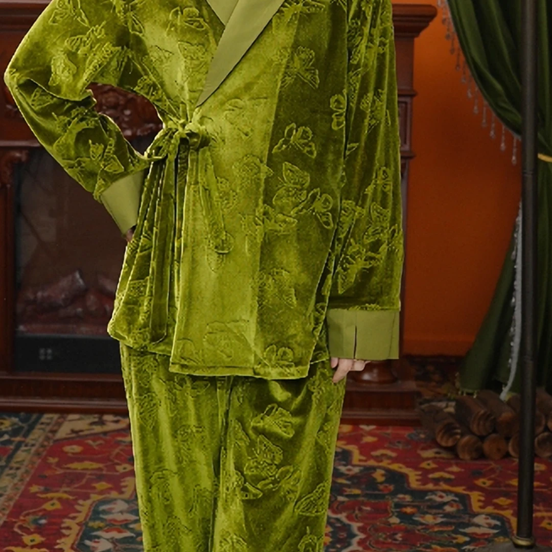 达芬奇密码睡衣女士新款蝴蝶金钻绒套加厚长袖秋冬家居服保暖套装