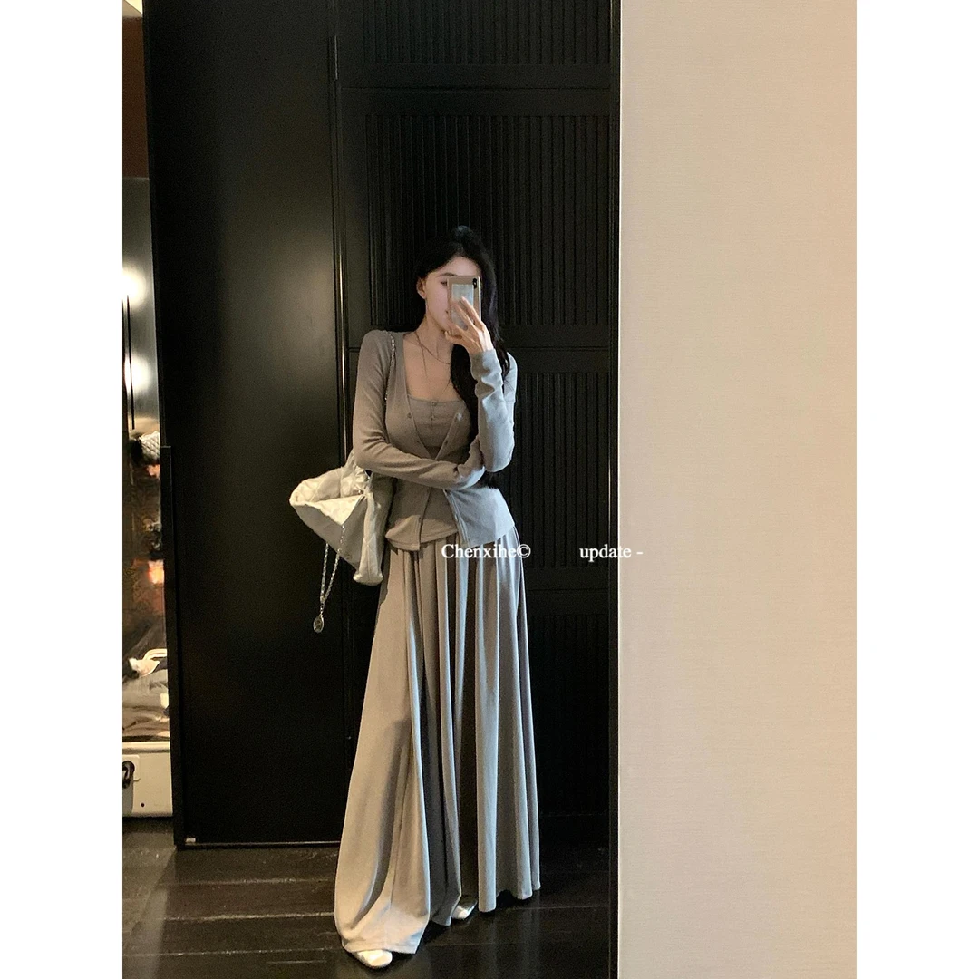 一整套时尚穿搭套装针织开衫不规则裙摆背心吊带长款半身裙潮流轻