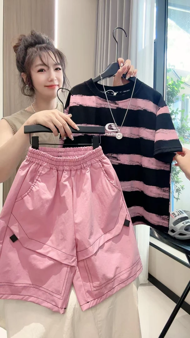 男童夏季薄款套装2025新款大童男孩潮牌宽松帅气儿童条纹短袖夏装