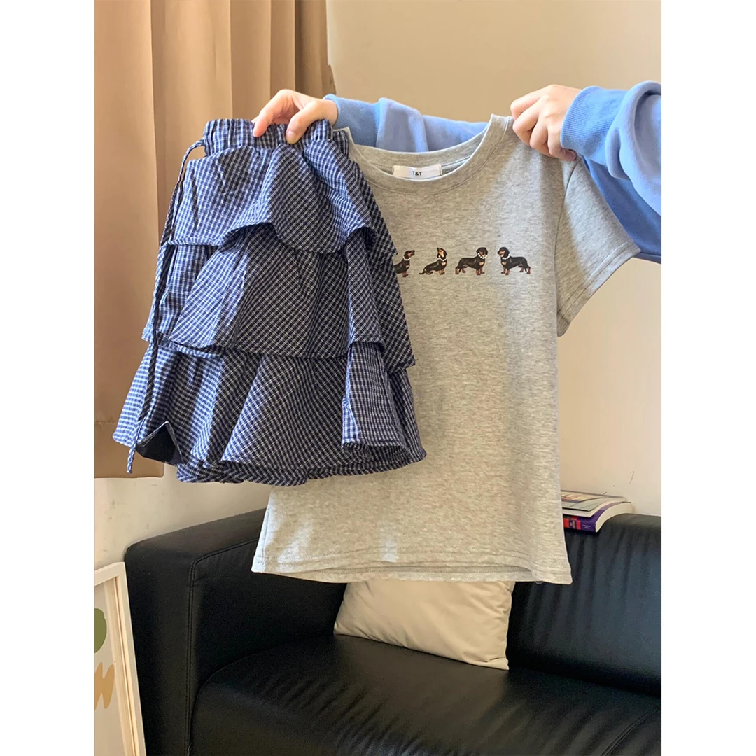 夏装搭配一整套绝美套装女短袖T恤格子蓬蓬半身裙2025超火两件套