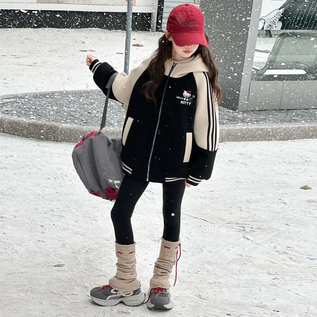 女童秋冬加绒外套2025冬季新款儿童中大童洋气加厚保暖卫衣棒球服