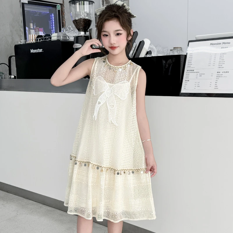 夏季女童甜美蕾丝连衣裙2025新款中大儿童时尚波西米亚风背心裙潮