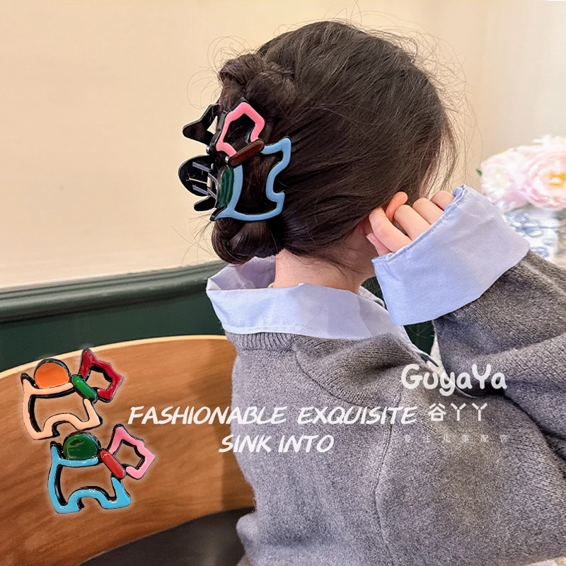 儿童设计感拼色镂空小狗发夹甜美女孩后脑勺盘发抓夹宝宝盘发头饰