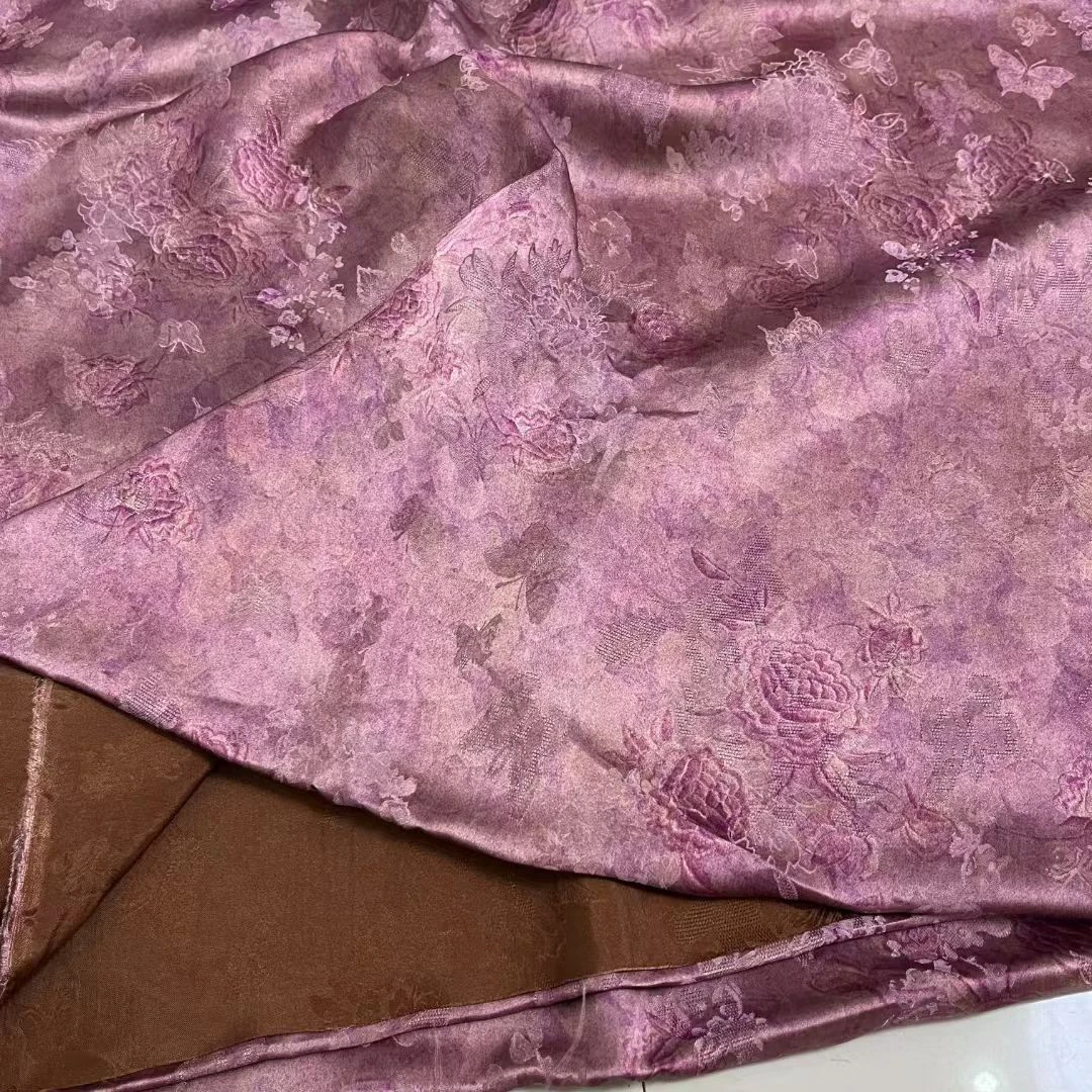 [门幅1.4】真丝香云纱植物染粉色牡丹提花新中式旗袍套装服装面料