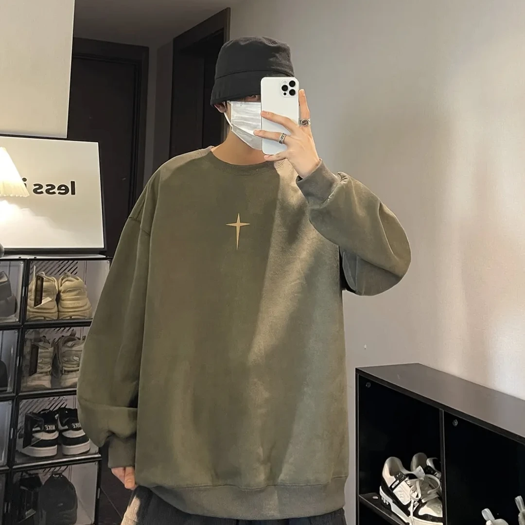 春秋情侣简约复古圆领印花卫衣百搭宽松显瘦长袖重磅外套潮 WY120