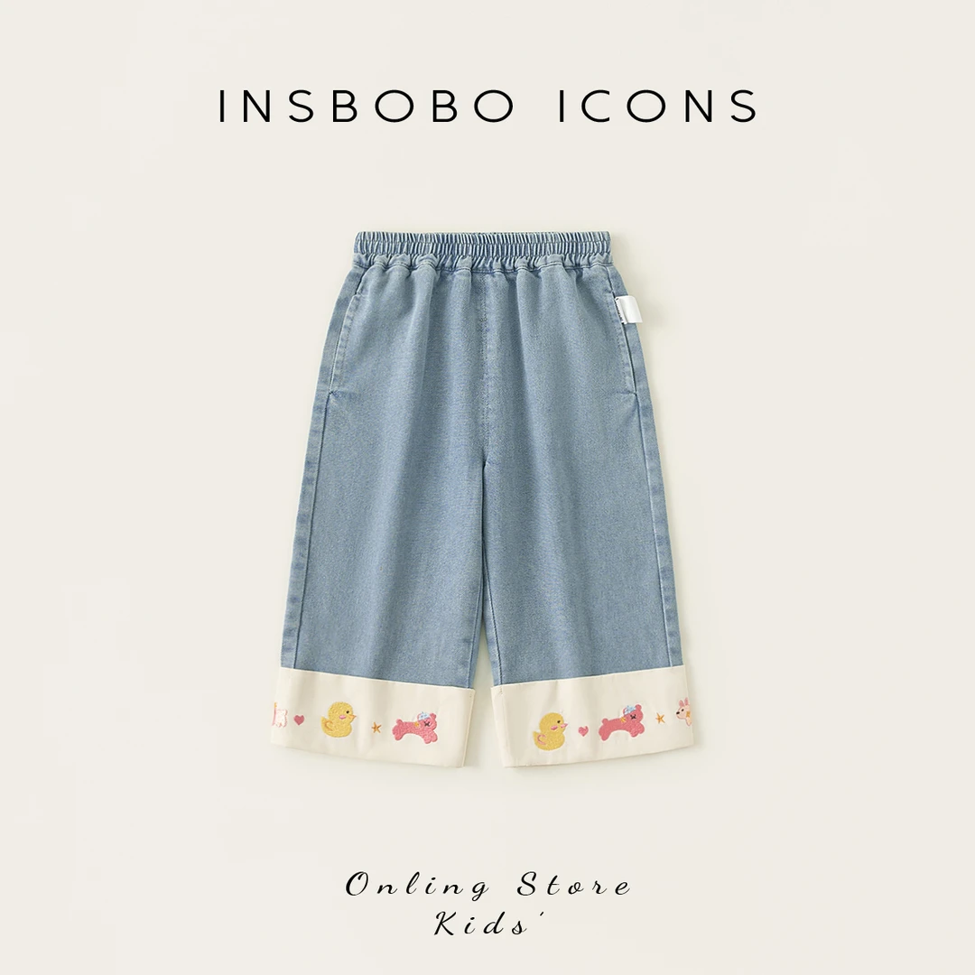 INSbobo儿童花边底牛仔裤春季裤子脚口撞色卡通印花牛仔裤CK25150
