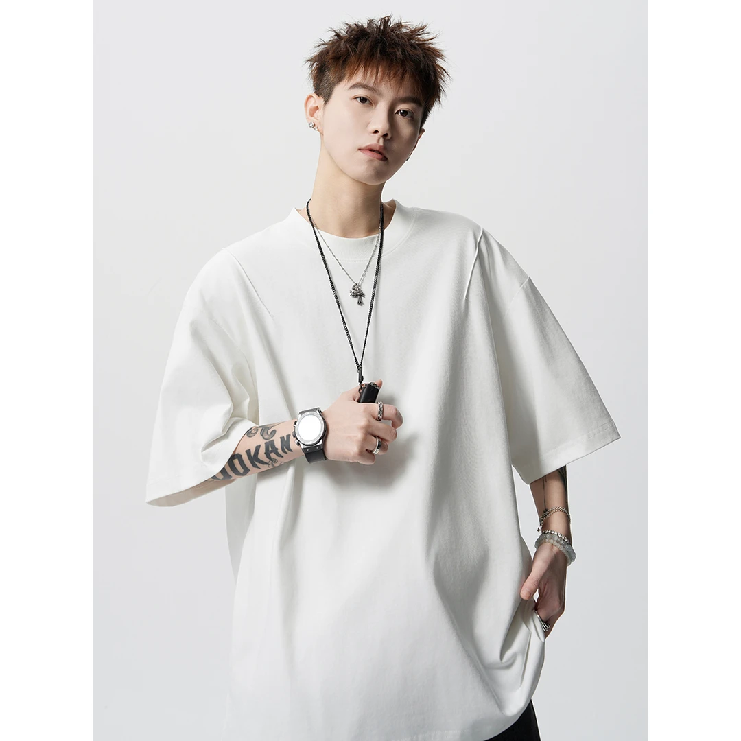 白色解构拼接短袖T恤男夏季美式高街重磅cleanfit宽松休闲五分袖