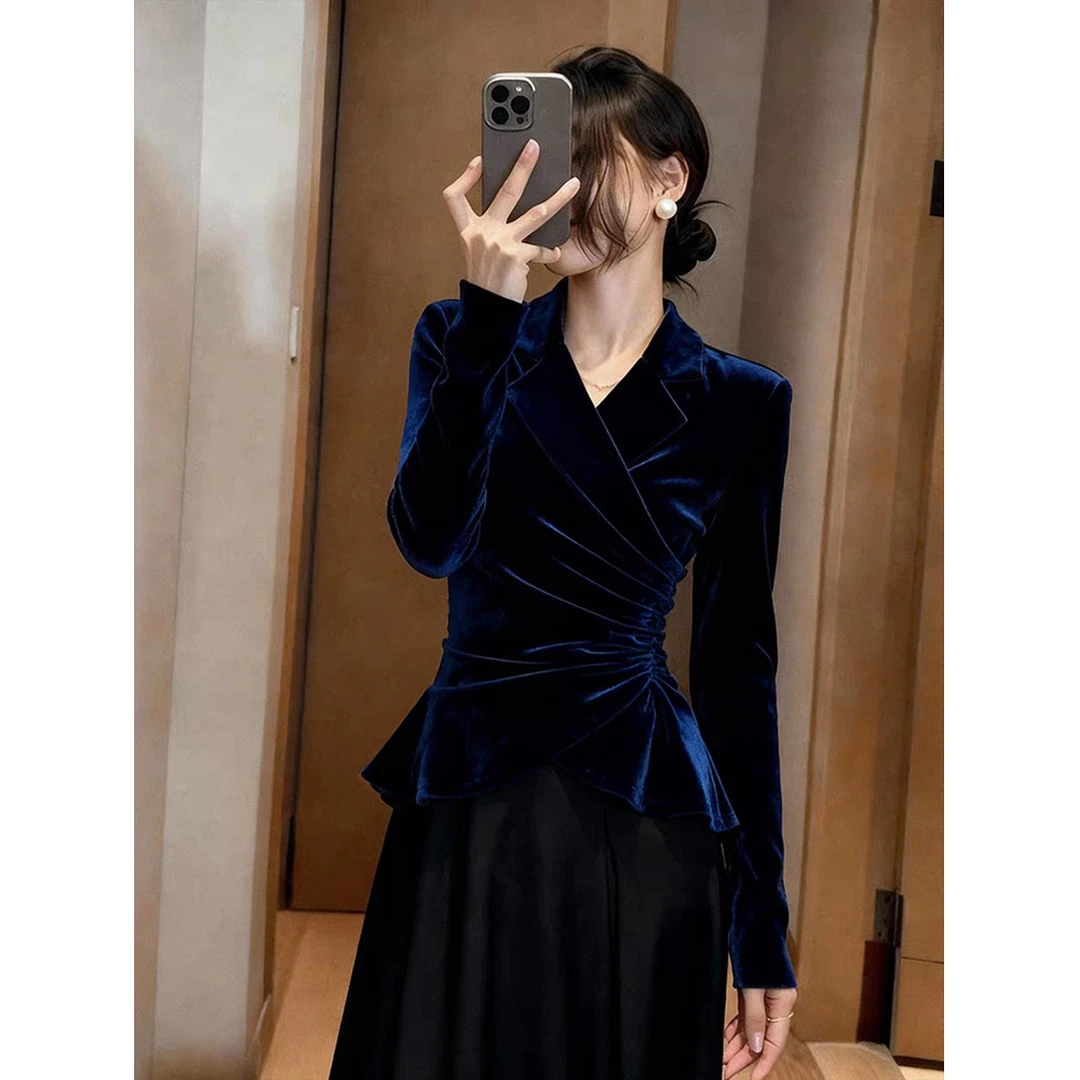 冬季深蓝色西装领丝绒衬衫女秋冬法式干练气质褶皱收腰上衣