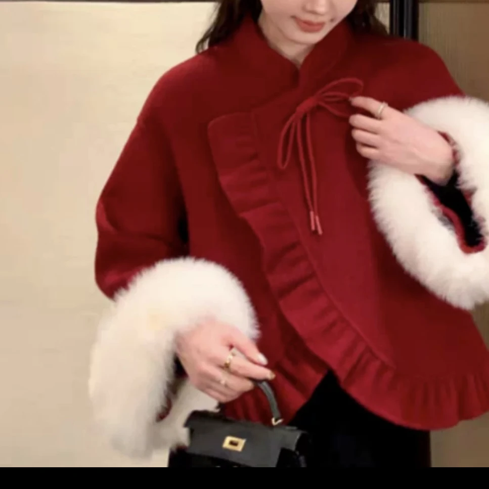 复古新中式国风红色外套女2024年冬季高级感盘扣设计8826