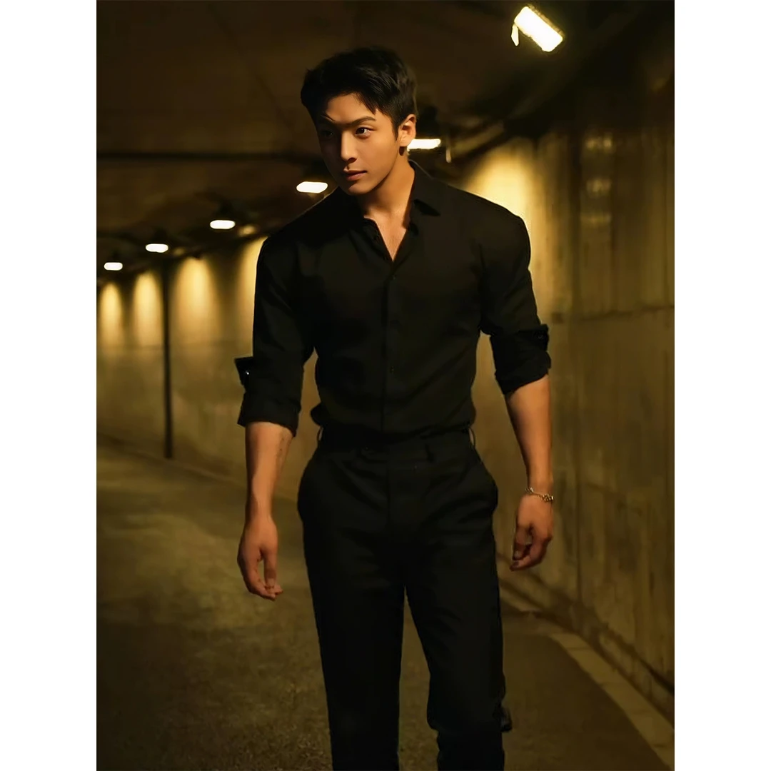 英伦雅痞男款黑色衬衫男高级感痞帅秋季新款西装内搭长袖衬衣外套