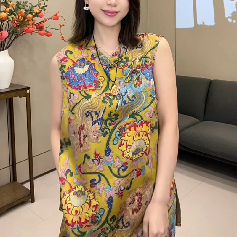 高档人丝国风新中式女装上衣2025新款显瘦无袖盘扣圆领衬衫9217