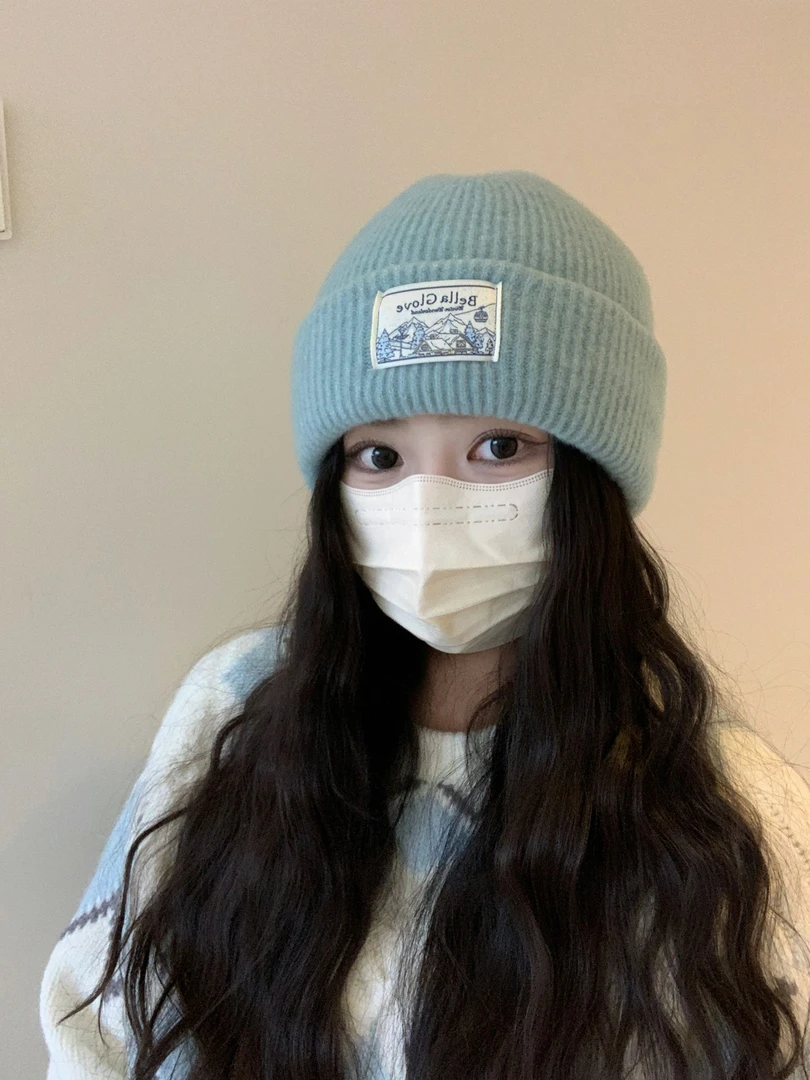 复古贴布针织帽女秋冬保暖护耳防寒套头冷帽弹力大头围毛线帽子男