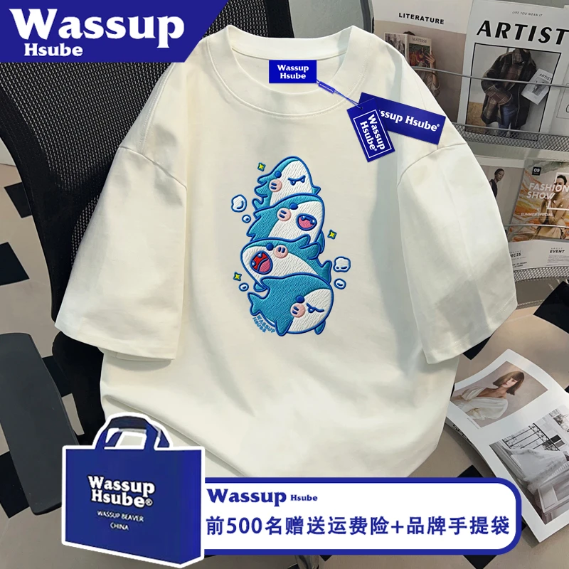WASSUP HSUBE国潮卡通鲨鱼印花短袖潮酷街头T恤ins男女款纯棉上衣