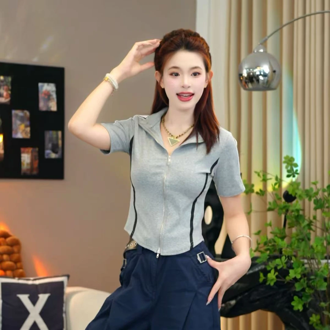 2025夏季新款拼接韩版收腰显瘦休闲百搭拉链款上衣T恤ol新潮风