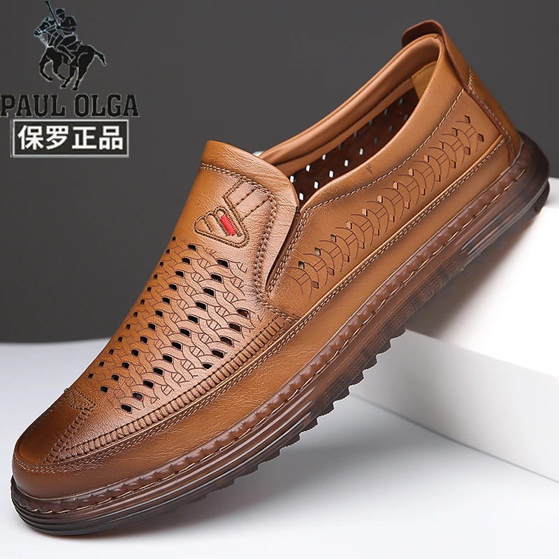 保罗正品休闲圆头缝制鞋透气镂空洞洞鞋中老年爸爸鞋大码老人凉鞋