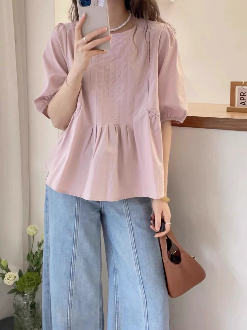 6153 法式小众褶皱小衫