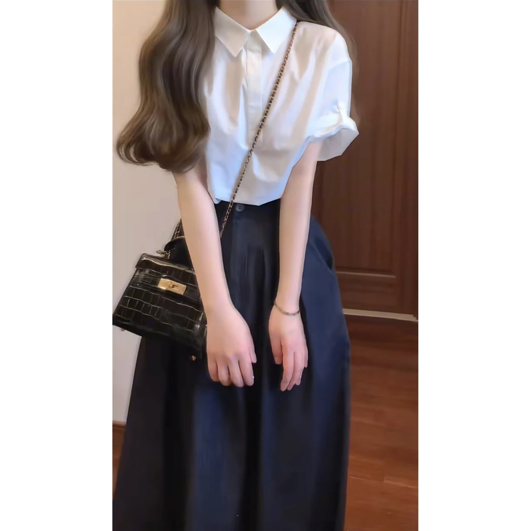 学院风套装高级感小众polo领白色短袖衬衫女高腰显瘦半身长裙