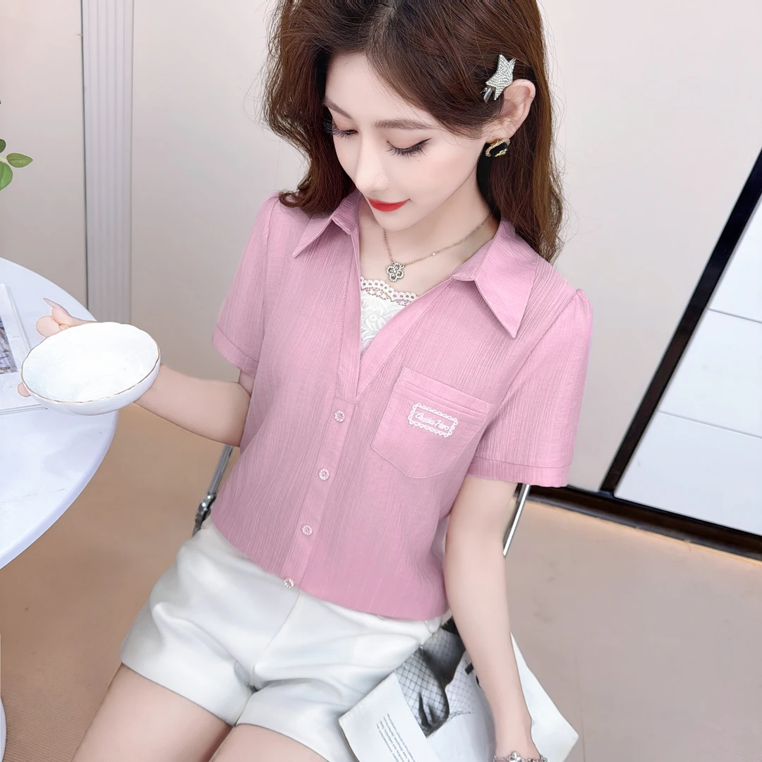 拼接蕾丝翻领夏季短袖衬衫设计感不规则女士小众宽松遮肉小衫