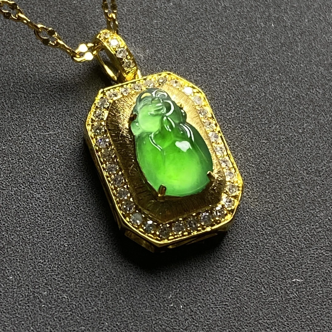 天然缅甸翡翠A货18K金镶玻璃种帝王绿佛公吊坠轻奢气质大女王