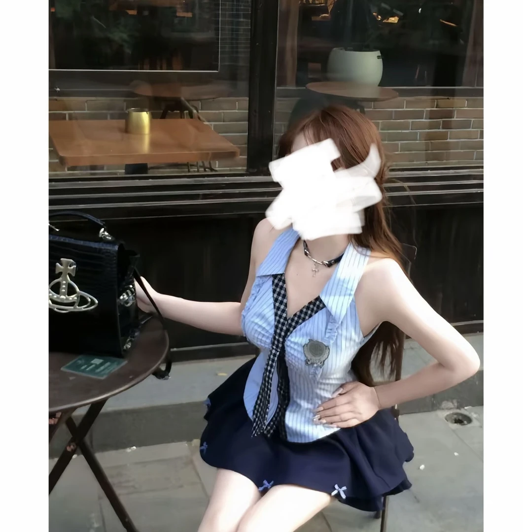 【美式甜心】修身显瘦设计感学院风辣妹条纹无袖衬衫上衣半身裙套装