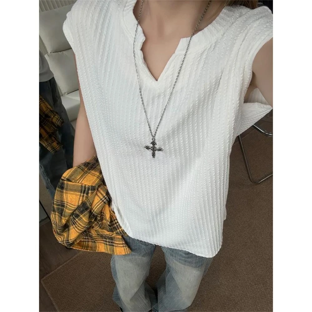 cleanfit白色肌理感v领背心男款夏季冰丝凉感重磅坎肩潮牌无袖t恤