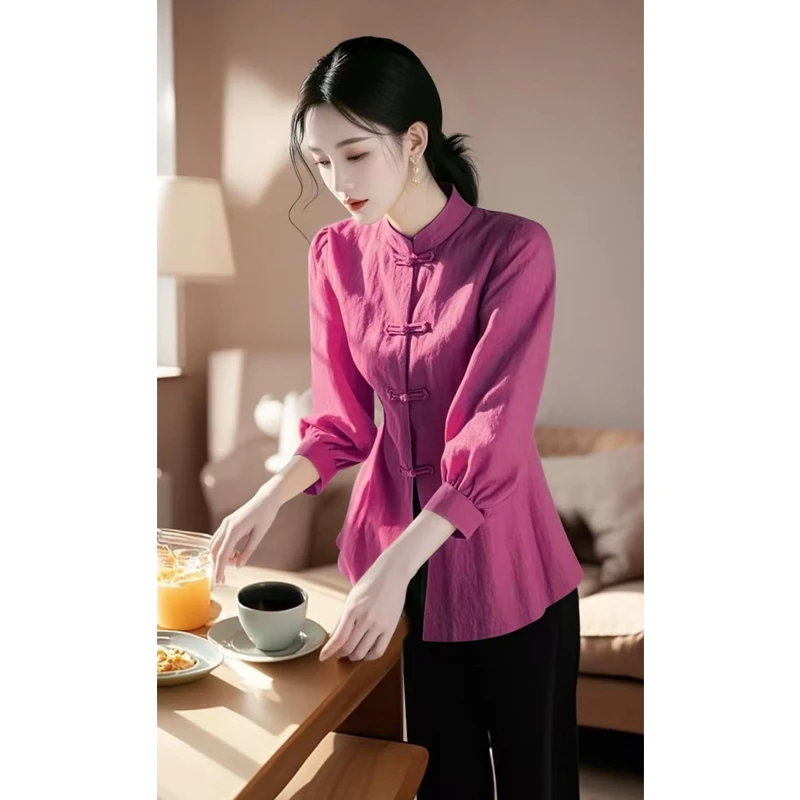 新中式国风上衣2025春装新款高级感好看独特漂亮姜玫红色衬衫