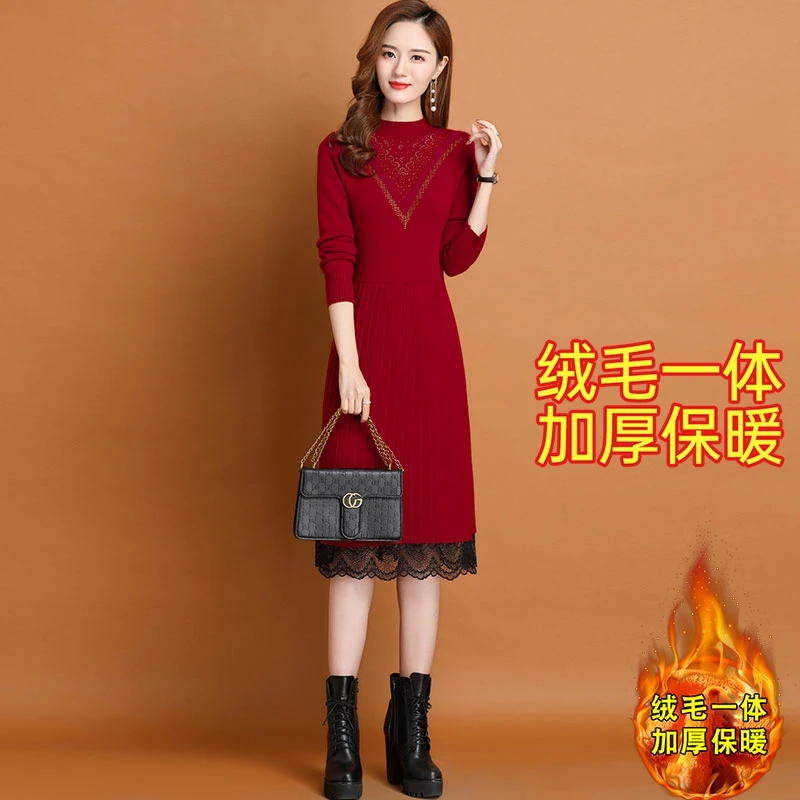 配大衣毛衣裙长款一体绒加绒加厚秋冬保暖过膝针织