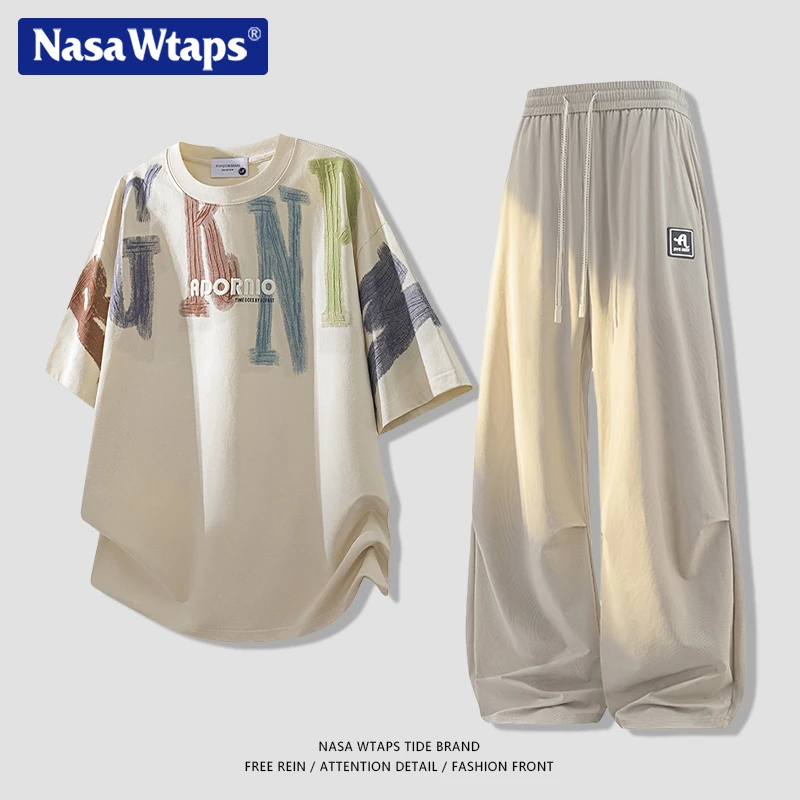 NASA WTAPS潮牌短袖t恤套装男2025夏季新款刺绣字母印花休闲套装