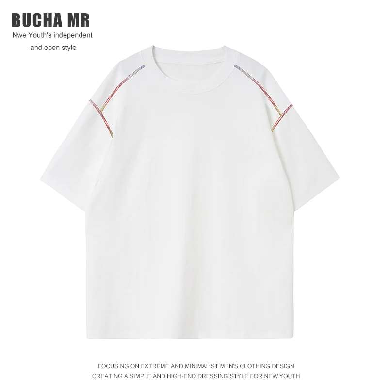 夏季新款潮流明线设计感双纱棉质圆领短袖T恤男女宽松落肩上衣