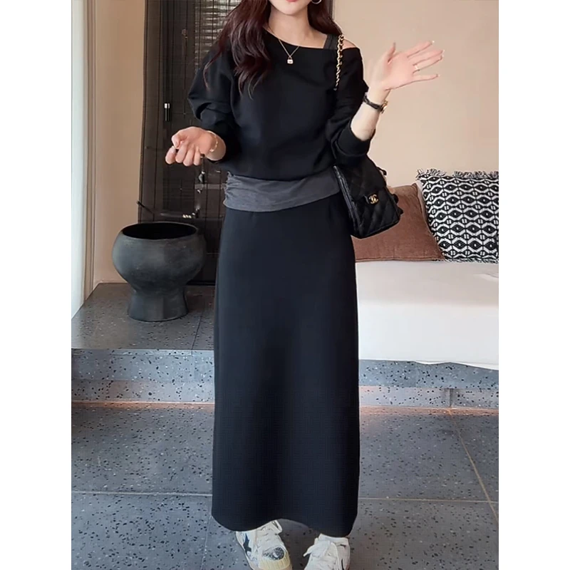 韩系穿搭一整套女套装裙2025秋季新款拼接露肩卫衣+半身裙两件套