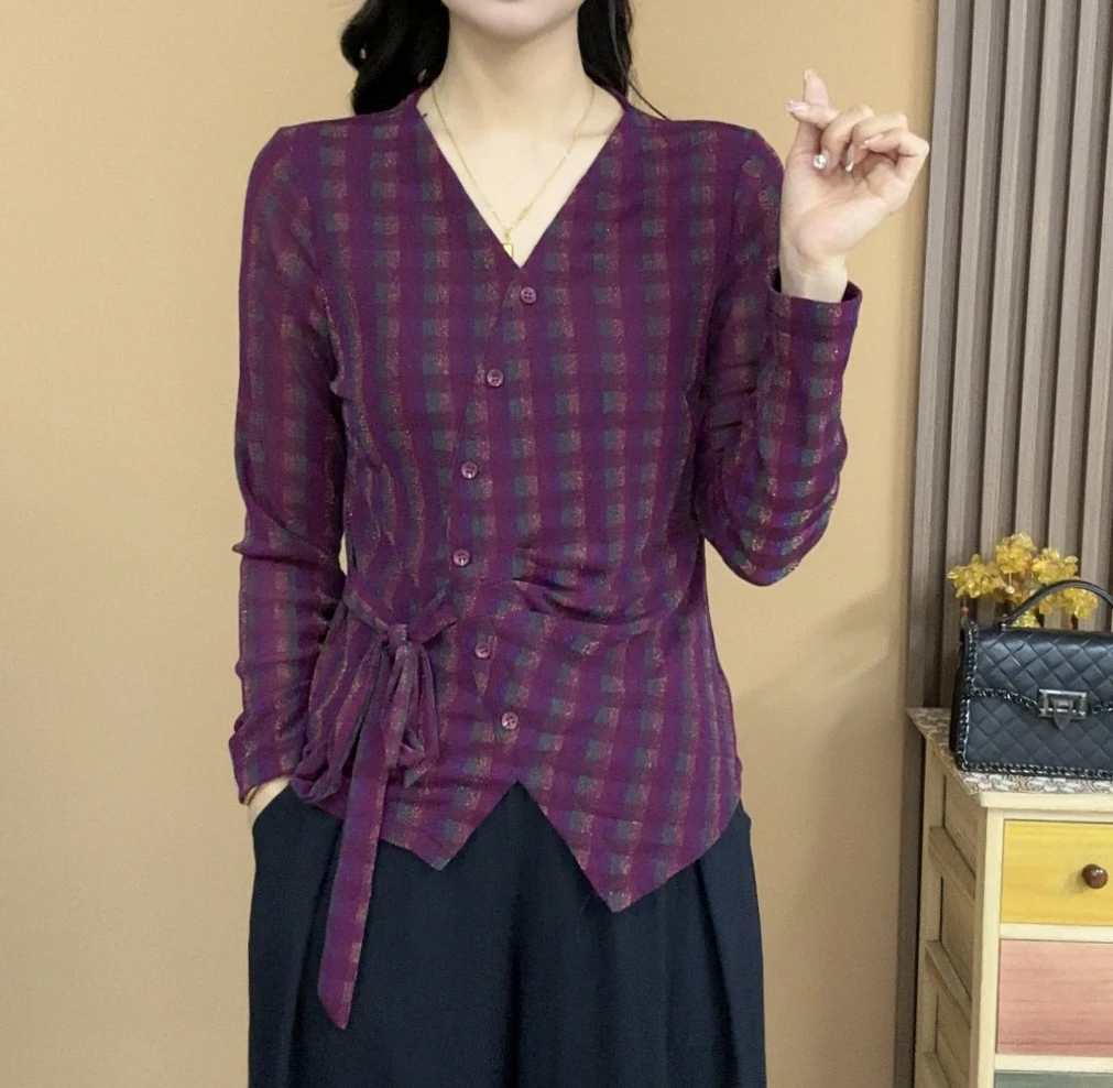 2025秋季新款时尚不规则套头洋气长袖气质百搭V领显瘦系带上衣822