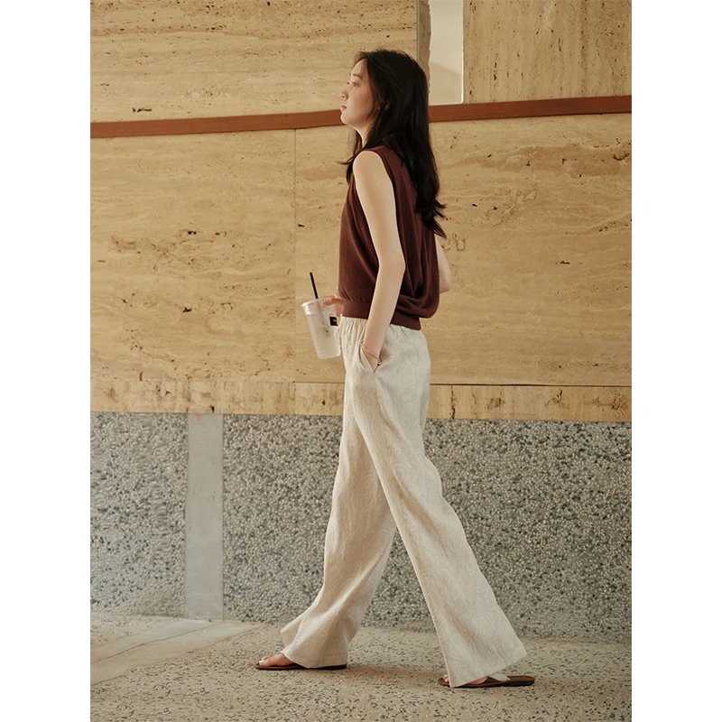 Botanique植物学“复古腰果花”浪漫绣花串珠抽绳亚麻休闲裤