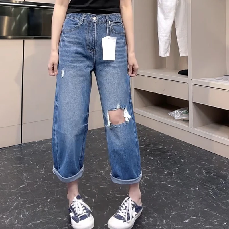 薄款老爹裤显瘦痞帅风破洞夏季牛仔裤时尚休闲裤子女高腰百搭韩版
