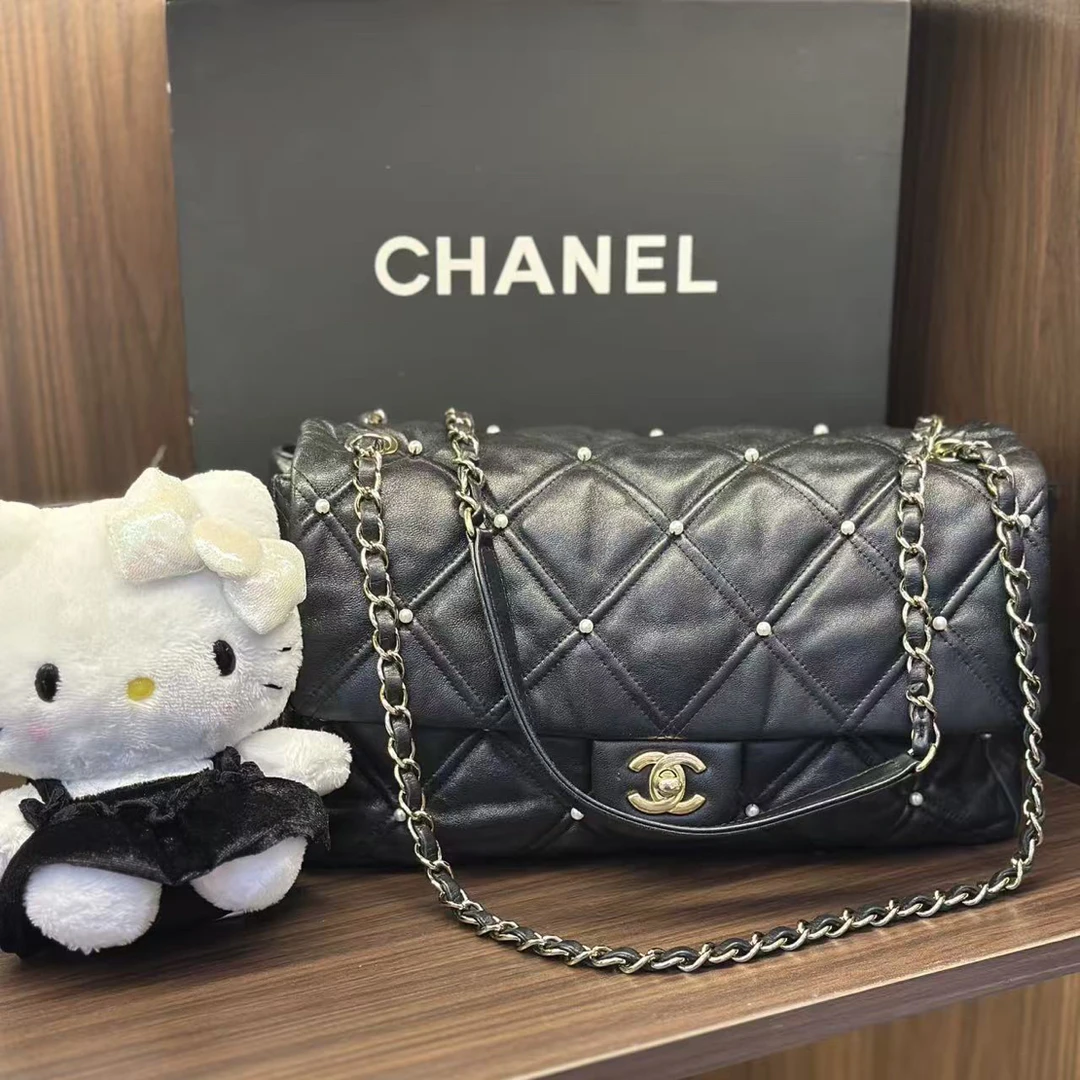 95新 Chanel/香奈儿 YUMU中古/Chanel黑金珍珠缝线单肩包