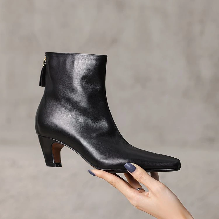 黑色粗跟靴子短靴高跟尖头秋冬女靴时尚百搭真皮细跟方头爆款裸靴