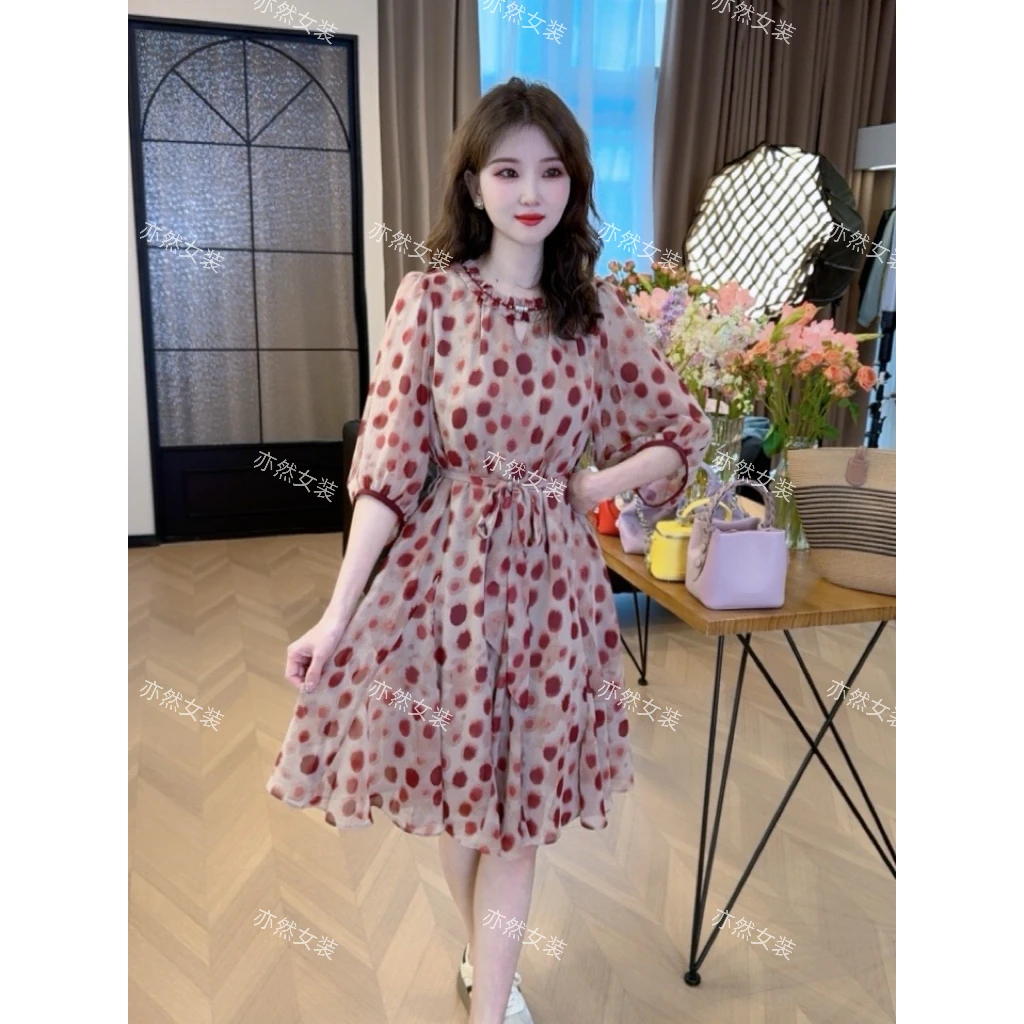 2025夏装新款收腰显瘦气质a字裙裙子仙红色波点雪纺连衣裙