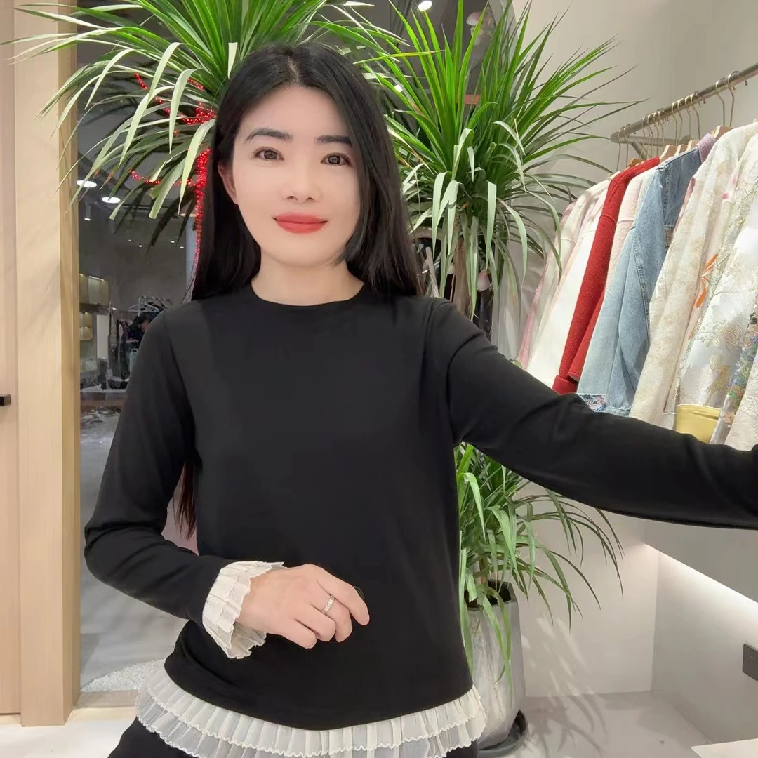 QC 253036  春款新款百搭拼接圆领磨毛木耳边打底衫