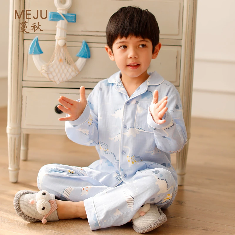 【恐龙】春夏纯棉男童睡衣双层棉纱长袖长裤套装
