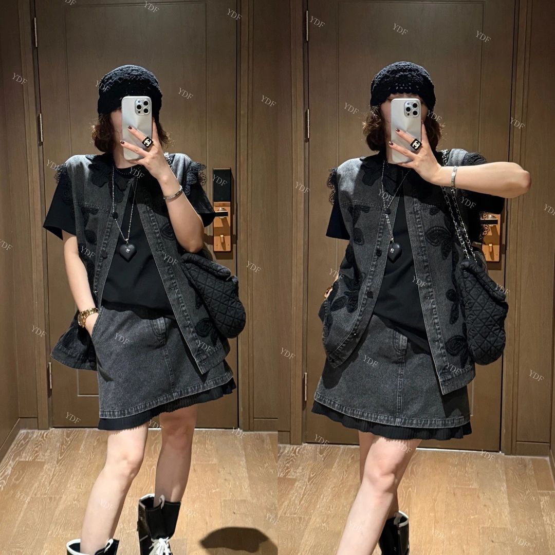 YDFSTUDIO小众【华丽牛仔】欧货高品设计感T恤马甲+裙裤三件套