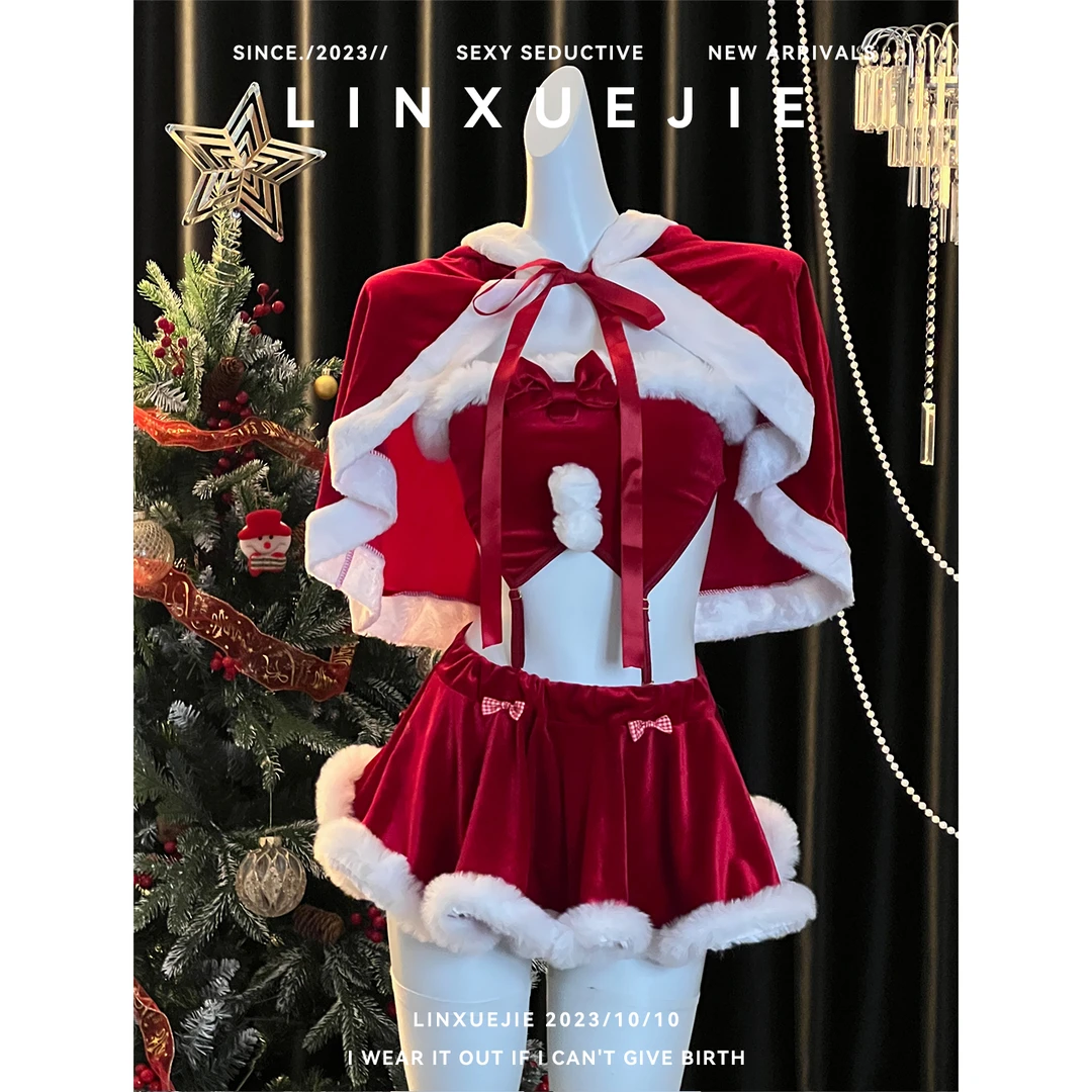 林学姐~圣诞少女风性感纯欲cos麋鹿制服女红色丝绒兔耳披肩超短裙