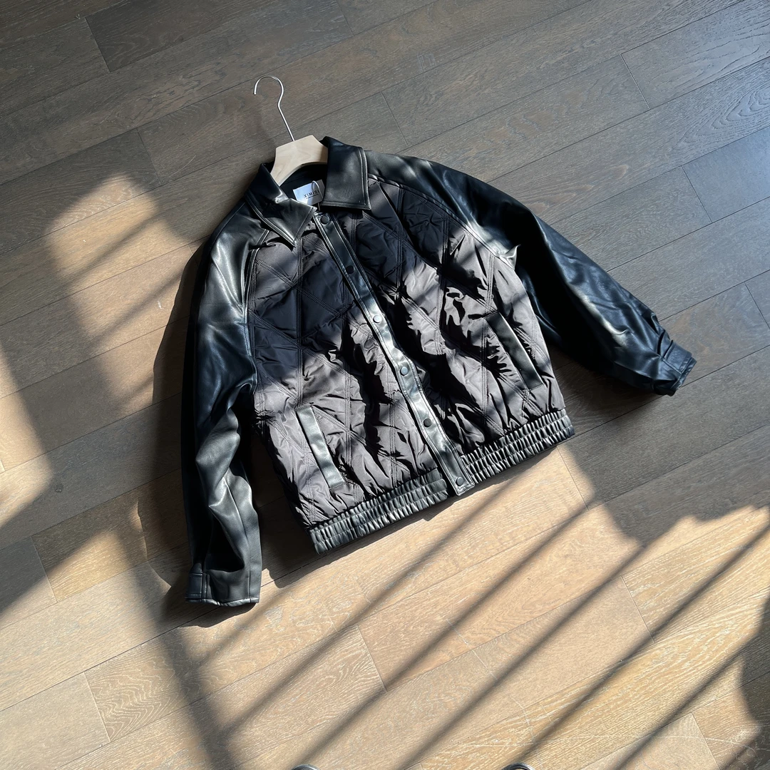 【25FW早春新款】翻领短装拼皮质感菱形格棉服夹克外套